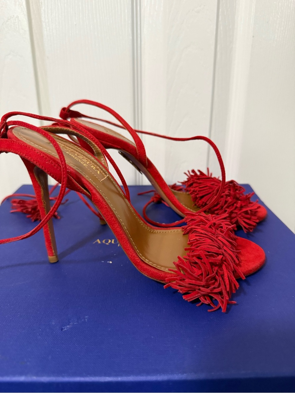 Aquazzura Wild Thing Red Suede Fringe Sandals - Picture 2 of 3